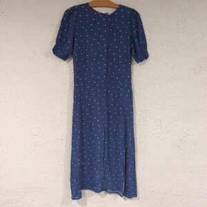 Loft Blue Prairie Dress White Polka Dot - Women's Size 6 Peasent Maxi Casual